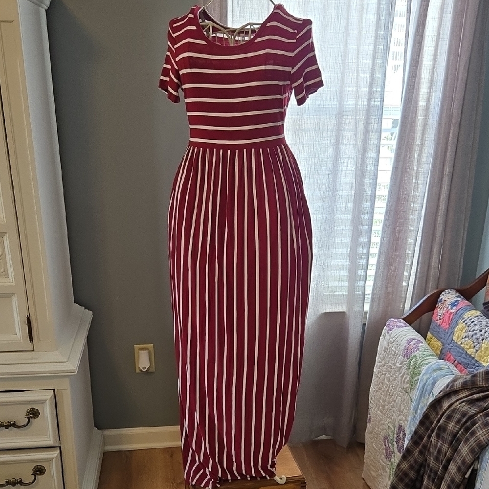 Burgundy and White Striped Short-Sleeve Maxi Dress